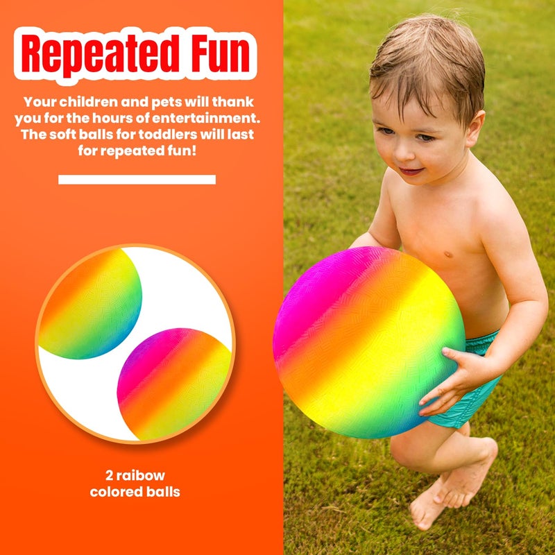 New Bounce Playground Balls for Kids - Set of 2 Rainbow Colored Rubber Bouncing Kick Balls Plus Pump - Regulation Size for Dodgeball and More - Durable  Inflatable 8.5"" Game Ball - Image 2